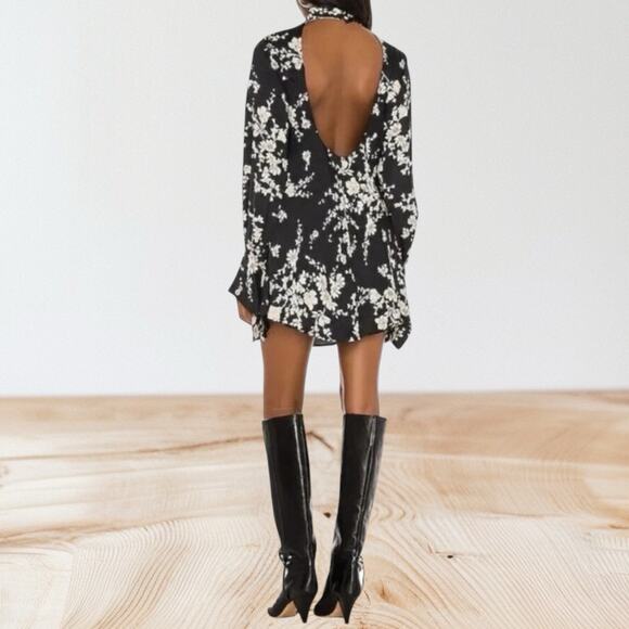 Free People Black Aries Floral Dress Sz S Open Back High Neck Mini Dress Tunic - Picture 3 of 14